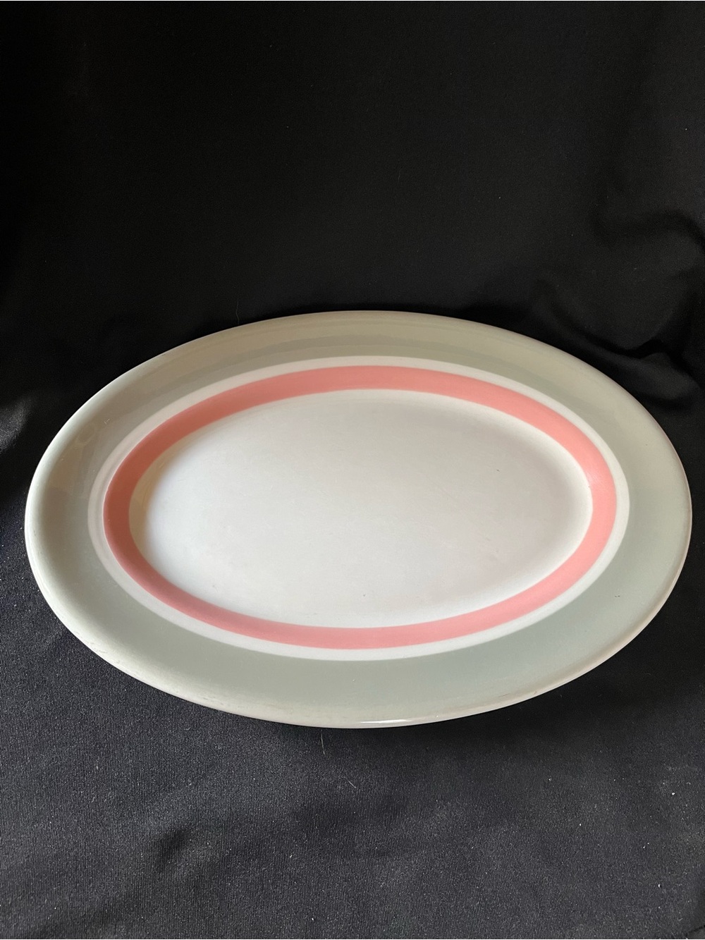 Oval Ceramic Serving Platter in White with Pink Band